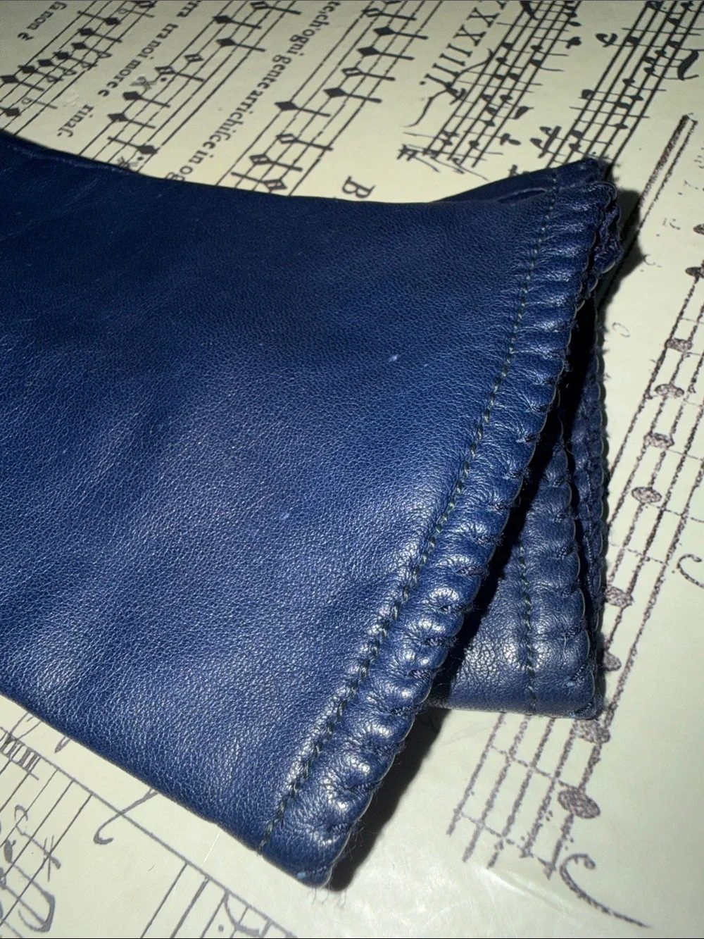 Vintage Navy Blue Leather Gloves Knit Lining Classic Winter Warm